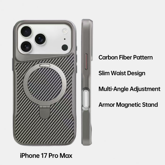 AIRKAS Carbon Fiber Pattern Magnetic Phone Case with Ring Stand for IPhone 17 Pro Max/16/15/14