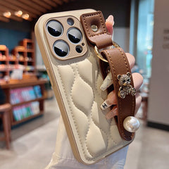 Wavy Leather Wrist Strap iPhone Case with Cute Charms