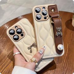 Wavy Leather Wrist Strap iPhone Case with Cute Charms