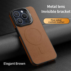 Hidden Bracket Metal Len Leather Case for iPhone 16 Pro Max 15 Pro 14 13 Magnetic Charging Mobile Phone Protection Hard Cover