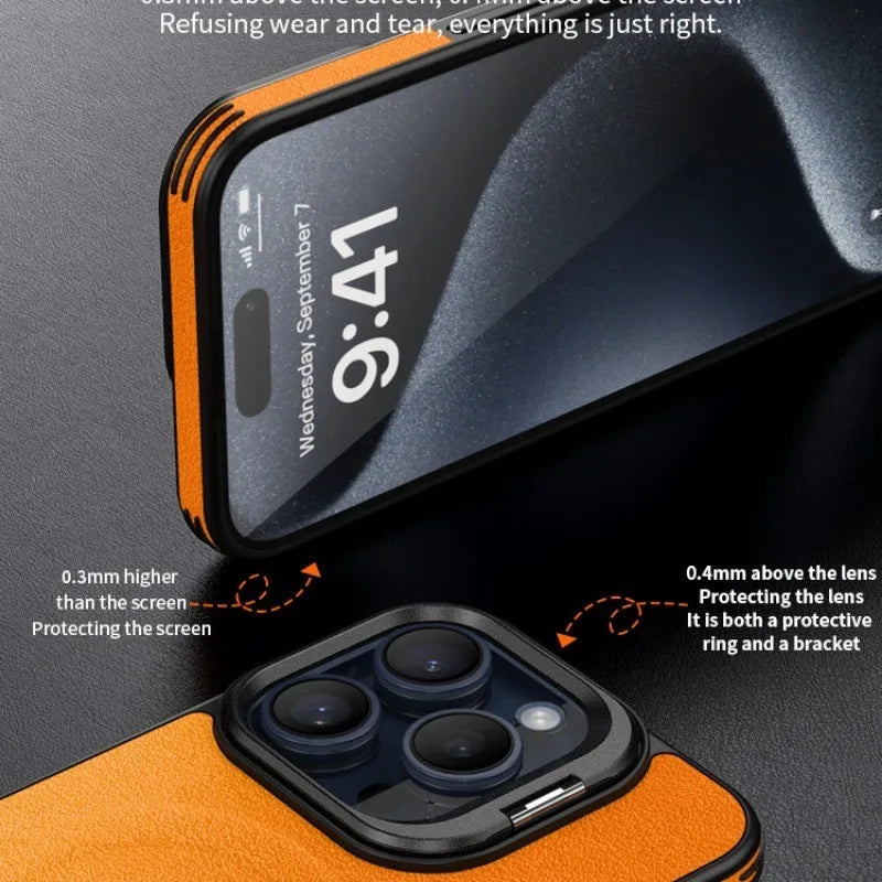 Hidden Bracket Metal Len Leather Case for iPhone 16 Pro Max 15 Pro 14 13 Magnetic Charging Mobile Phone Protection Hard Cover