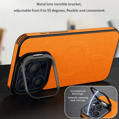 Hidden Bracket Metal Len Leather Case for iPhone 16 Pro Max 15 Pro 14 13 Magnetic Charging Mobile Phone Protection Hard Cover