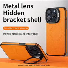 Hidden Bracket Metal Len Leather Case for iPhone 16 Pro Max 15 Pro 14 13 Magnetic Charging Mobile Phone Protection Hard Cover