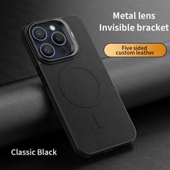 Hidden Bracket Metal Len Leather Case for iPhone 16 Pro Max 15 Pro 14 13 Magnetic Charging Mobile Phone Protection Hard Cover