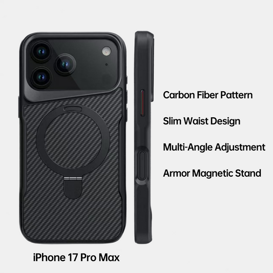 AIRKAS Carbon Fiber Pattern Magnetic Phone Case with Ring Stand for IPhone 17 Pro Max/16/15/14