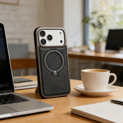 Premium 4-in-1 Magnetic Leather Ring Stand Case for iPhone 17 Pro/Max
